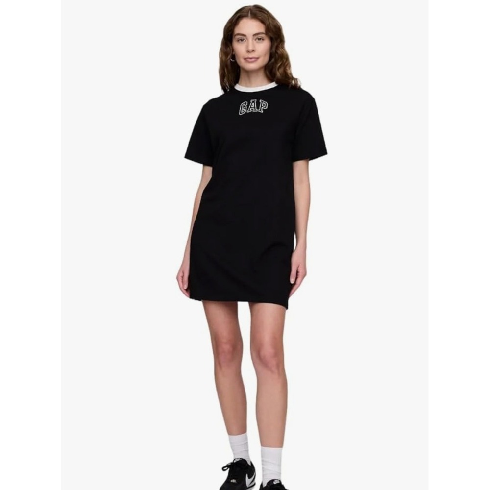 Gap Womens XXL Black Ringer T-Shirt Dress Short Sleeve Logo Embroidered New
